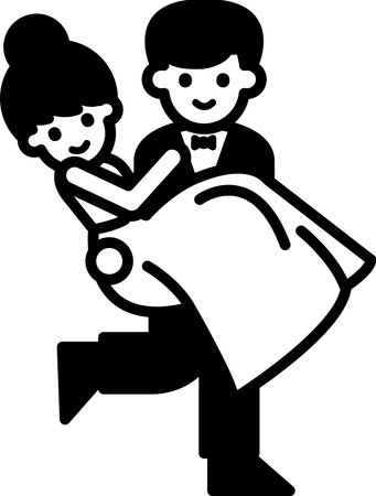 A man is holding a woman in his arms. The woman is wearing a wedding dress. The man is dressed in a suit. Concept of love and happiness, as the man is carrying the womanのイラスト素材