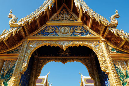 The building has gold trim and a white frame. The frame is empty, giving the building a sense of emptiness and simplicityの素材