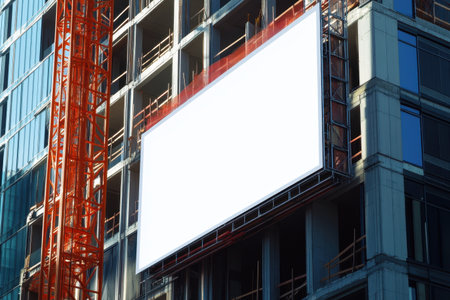 A crane is lifting a large white sign. The sign is hanging from the crane and is being lifted up. The crane is orange and is located in front of a buildingの素材