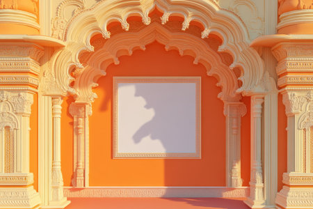 A large archway with a wall behind it. The archway is decorated with intricate designs and the wall is painted in a light color. Scene is one of elegance and sophisticationの素材