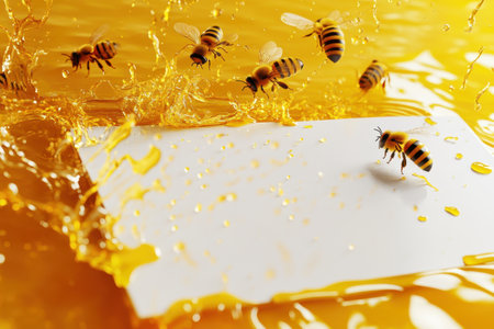 A group of bees flying in a splash of yellow liquid. Concept of chaos and movement, as the bees are scattered in different directions, creating a dynamic and energetic sceneの素材