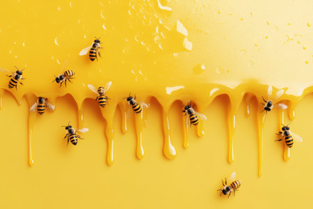 A group of bees are flying over a yellow surface. The bees are in various positions, some are closer to the top of the image, while others are closer to the bottom. Concept of movement and energyの素材