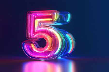 A neon sign with the number 5 in neon colors. The sign is illuminated and he is glowingの素材