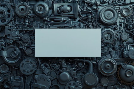 A white piece of paper is placed in the middle of a large collection of gears and other mechanical parts. Concept of complexity and order, as the gears and other parts are arranged in a preciseの素材