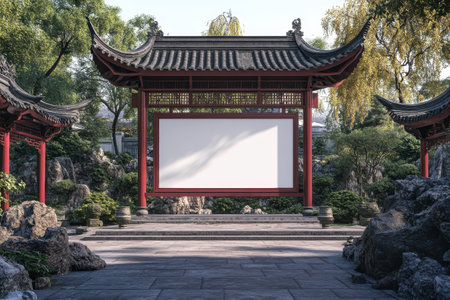 A large white sign is in front of a red building. The sign is empty and the building is surrounded by rocks and trees. The scene has a peaceful and serene atmosphereの素材
