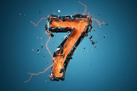The number 7 is shown in a broken, shattered form with orange letters. The image has a chaotic and disordered appearance, with the number appearing as if it has been torn apartの素材