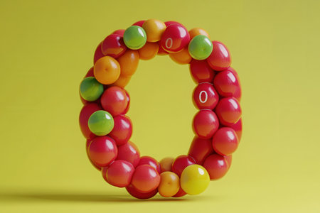 A wreath of raspberries and oranges with the letter O in the center. The wreath is made of small berries and is arranged in a circular pattern. The colors of the berries create a vibrantの素材