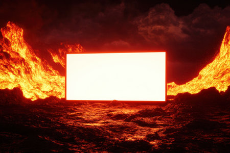 A white sign is in the middle of a rocky, lava-filled landscape. The sign is surrounded by rocks and lava, creating a sense of danger and isolation. The scene is dark and ominousの素材