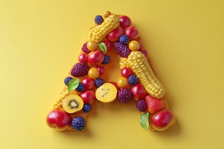 A fruit salad is used to spell out the letter A. Concept of freshness and health, as it is filled with a variety of fruits. The vibrant colors of the fruits, such as oranges, apples, and strawberriesの素材