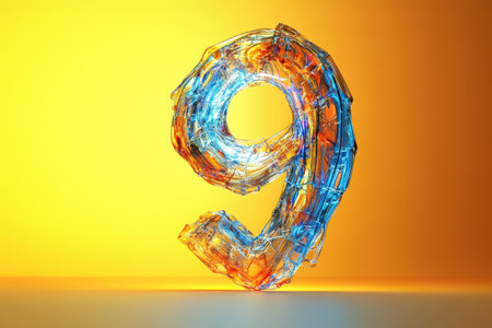 The number nine is made of glass and is on a yellow background. The glass is twisted and has a blue and orange color. The image has a modern and abstract feel to itの素材