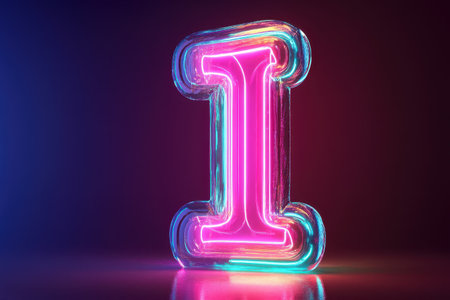 A neon letter I is lit up in a dark room. The letter is glowing pink and purple, creating a vibrant and eye-catching display. The contrast between the bright colorsの素材