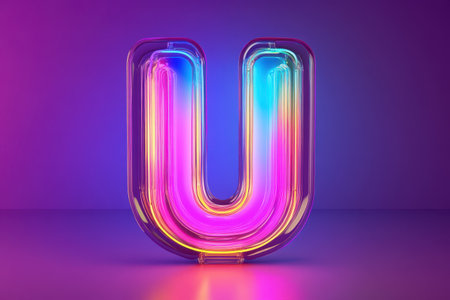 The letter U is glowing in neon colors. The colors are purple and blue. The letter is surrounded by a dark backgroundの素材