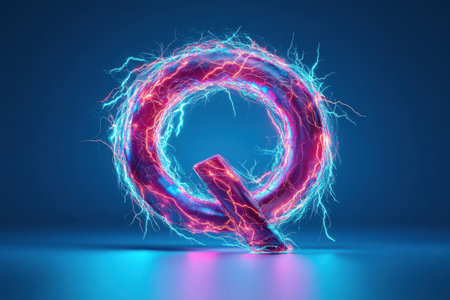 The image is a stylized representation of the letter Q, with a purple and blue color scheme. The letter is surrounded by a burst of electric sparks, giving it a dynamic and energetic appearanceの素材