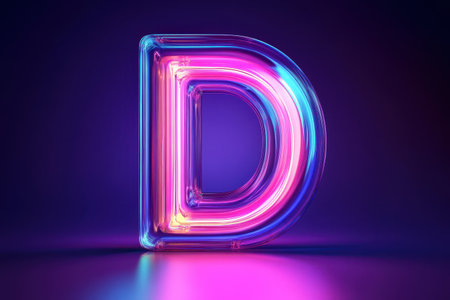 The letter D is made of neon lights and is glowing in a blue background. The colors of the letters are bright and vibrant, creating a fun and playful atmosphereの素材