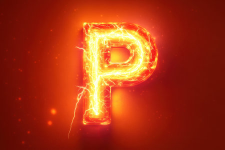 The letter P is lit up in red and yellow, giving it a fiery and energetic appearance. The glowing letters suggest a sense of excitement and intensity, as if they are about to burst into actionの素材