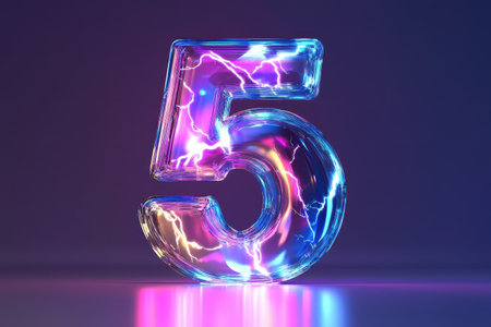A glowing, neon number 5 is floating in the air. The number is surrounded by a purple and blue glow, giving it a futuristic and otherworldly appearance. Concept of wonder and excitementの素材
