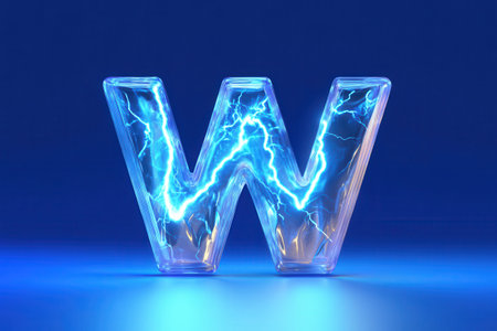 The letter W is made of glass and has a blue and white color scheme. It looks like a lightning bolt, which gives it a dynamic and energetic appearanceの素材