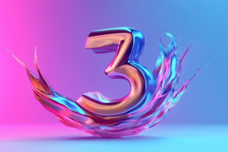 A 3 made of metal is floating in a blue and pink swirlの素材