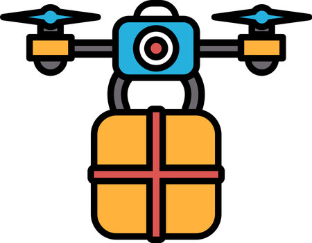 A drone is carrying a box. The drone is blue and yellow. The box is orange. The drone is flying in the airのイラスト素材