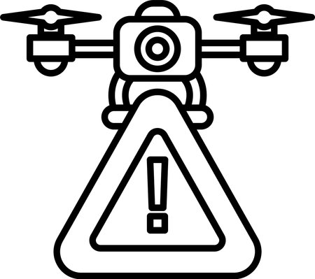 A black and white triangle with a exclamation point on it. The image is of a drone with a camera on itのイラスト素材