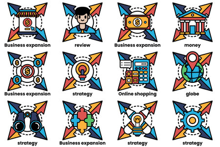 A series of business icons, including business expansion, business review, business strategy, business online shopping, business strategy, business expansion, business strategy, business strategy, busのイラスト素材