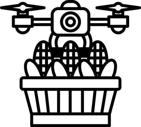 A drone is hovering over a basket of corn and vegetables. The drone is blue and yellow. The basket is red and has a green plant inside. Concept of technology and agriculture coming togetherのイラスト素材