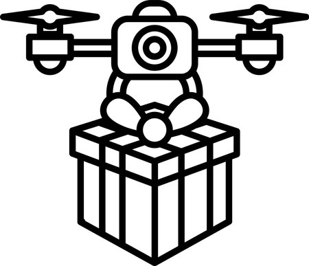 A drone is hovering over a box with a ribbon. The drone is equipped with a camera, which is pointed towards the box. Concept of excitement and anticipationのイラスト素材