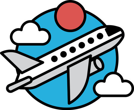 A white airplane flying through the sky with a red sun in the background. Concept of adventure and freedom, as the airplane soars through the clouds and the sun shines brightly in the skyのイラスト素材
