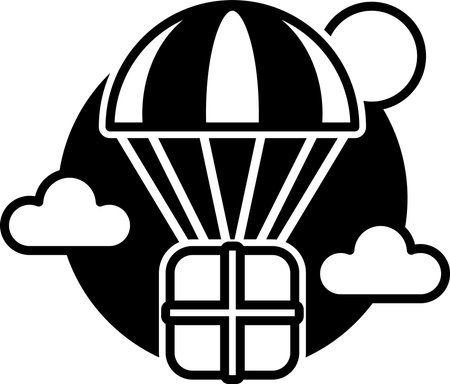 A cartoon of a box with a cross on it and a parachute above it. The box is labeled "Package" and the parachute is labeled "Parachute". The image has a playful and lighthearted moodのイラスト素材