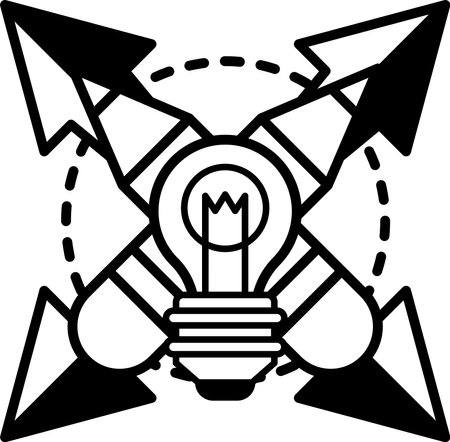 A black and white drawing of a light bulb with arrows pointing to it. The drawing conveys the idea of innovation and creativityのイラスト素材