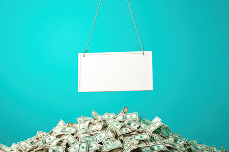 A sign hangs from a chain above a pile of money. The sign is white and has no writing on it. The pile of money is made up of many different denominations, including $1, $5, $10, $20の素材