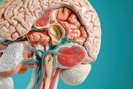 A close up of a brain with red and blue veins. The brain is shown in a 3D modelの素材