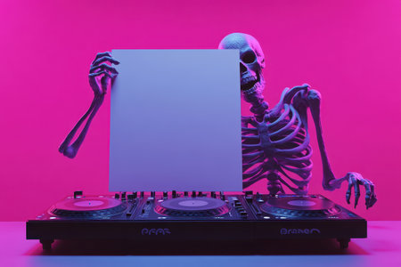 A skeleton is holding a blank sheet of paper in front of a DJ equipment. The skeleton is wearing a black shirt and has a skull on its head. The scene is set in a dark room with a pink backgroundの素材