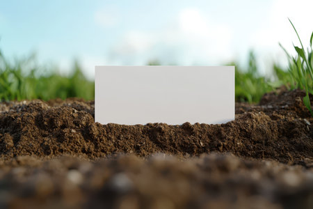 A white sign is placed on the ground in a field. The sign is empty, and the field is lush and green. Concept of calm and tranquility, as the empty sign contrasts with the natural beauty of the fieldの素材