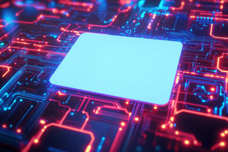 A computer chip with a background. The background is lit up with a bright pink color. The chip is surrounded by a lot of other computer chips and wiresの素材