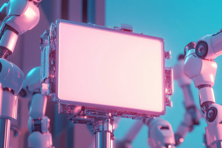 A robot is holding a white sign in a futuristic setting. The scene is set in a large, industrial space with many robots working togetherの素材