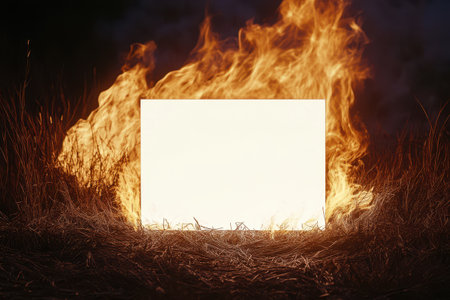 A white sign is on fire in a fieldの素材