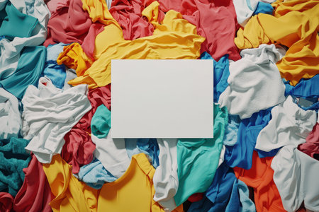A pile of clothes with a white piece of paper in the middle. The clothes are all different colors and textures, and the paper is blank. Concept of chaos and disorganizationの素材