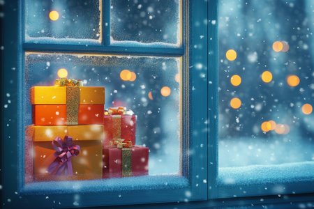 A box with a bow sits on a window sill. The window is frosted and the snow outside is falling. The scene is cozy and festive, with the red box and bow adding a touch of warmthの素材