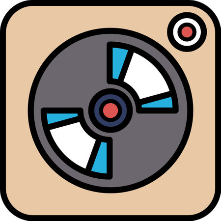 A stylized image of a CD player with a red button on the top right. The image is in a square shape...
