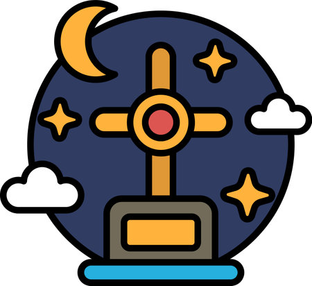 A cross is drawn in the middle of a blue and white background. The cross is surrounded by stars and cloudsのイラスト素材