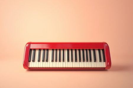 A red keyboard with black keys sits on a tan background. The keyboard is old and worn, but still functional. Concept of nostalgia and a connection to the past, as the redの素材