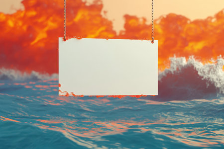 A white sign is in the middle of a raging fire. The fire is so intense that it is almost engulfing the sign. The scene is chaotic and dangerous, with the flames and water creating a sense of urgencyの素材