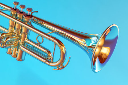 A shiny trumpet is shown in a background. The trumpet is the main focus of the image, and it is a beautiful and elegant instrument. The blue background adds a sense of depthの素材