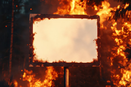 A sign is in the middle of a forest fire. The sign is white and has a black border. The fire is raging and the sky is dark. Scene is one of danger and destructionの素材