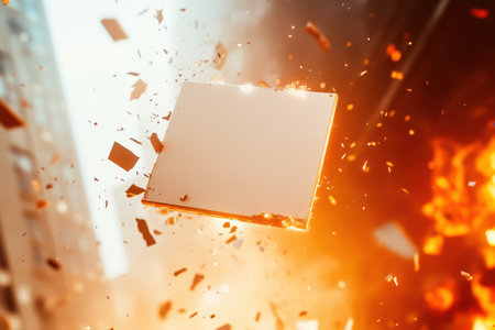 A white piece of paper is flying through the air, surrounded by a cloud of debris. The scene is chaotic and explosive, with the paper being the only thing that remains intactの素材