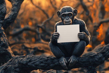 A baby monkey is sitting on the ground and holding a piece of paper. The scene is set in a barren, desolate landscape with a lot of dead trees and rocksの素材