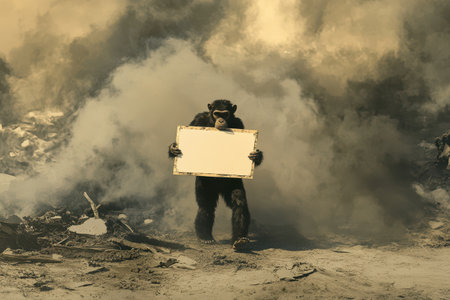 A monkey holding a white sign in front of a cloud of smoke. Concept of confusion and chaos, as the monkey is surrounded by a hazy, smoky environmentの素材