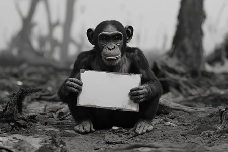 A baby monkey is sitting on the ground and holding a piece of paper. The scene is set in a barren, desolate landscape with a lot of dead trees and rocksの素材