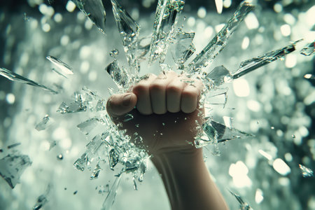 A hand is punching through a window, shattering the glass. Concept of power and destruction, as the hand's force breaks through the fragile barrierの素材